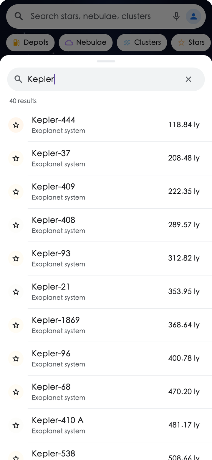 UnivMap search results for “Kepler”: NASA catalogue exoplanet systems listed alongside curated places, each with its distance