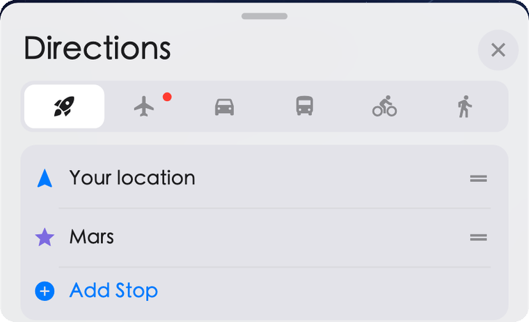 UnivMap directions sheet showing a route from Your location to Mars